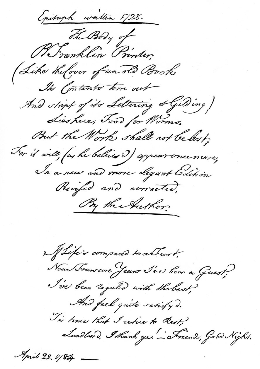 Epitafium Benjamina Franklina, napisane przez niego samego, 1728, 1840 autorstwa Benjamin Franklin
