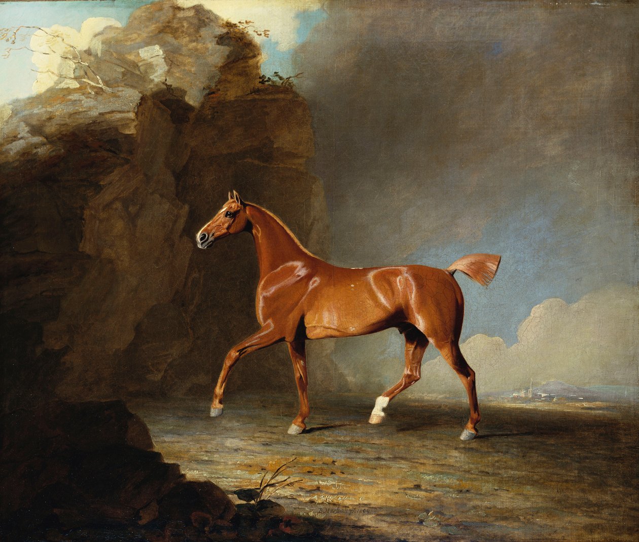 Koń wyścigowy o złocistym kasztanach przy formacji skalnej, 1800 autorstwa Benjamin Marshall