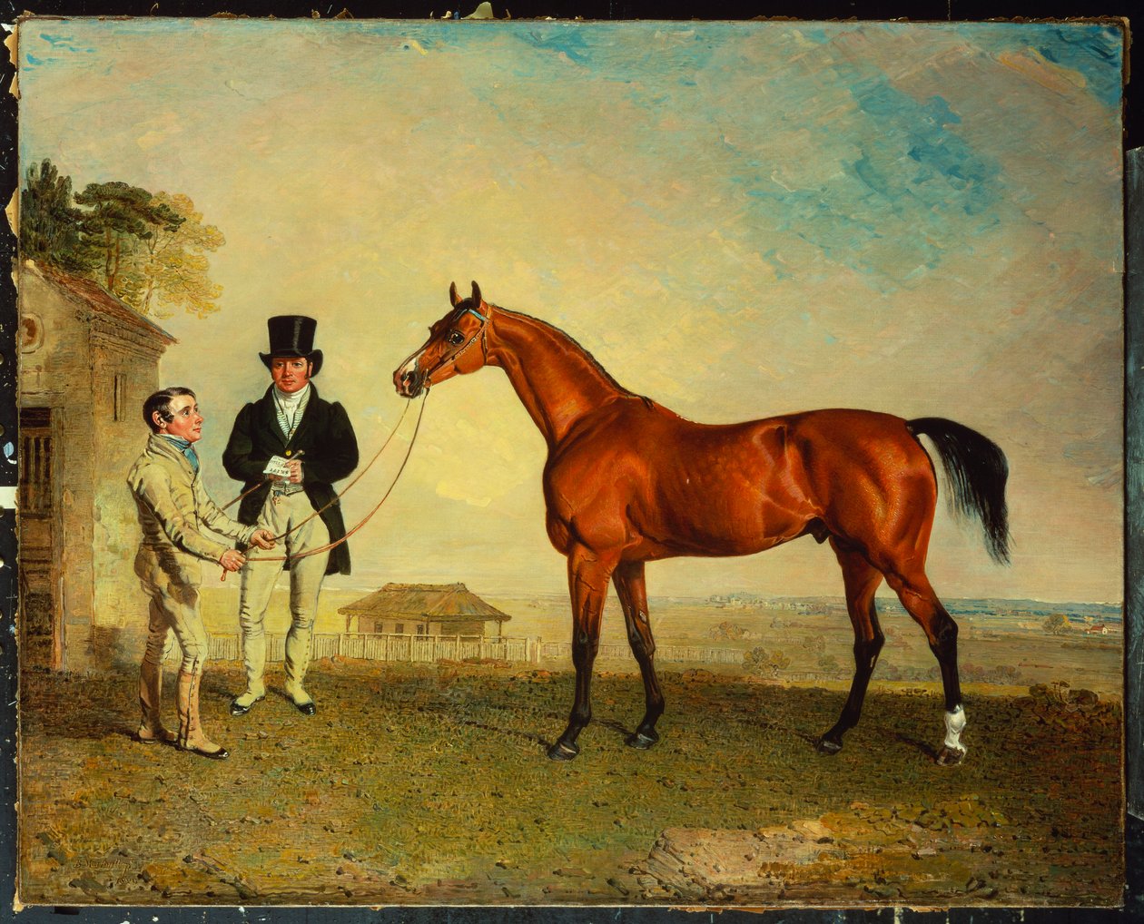 „Skiff”, gniady koń wyścigowy trzymany przez pana młodego na Newmarket Heath, z Johnem Howe, właścicielem stajni, u jego boku, 1829 autorstwa Benjamin Marshall
