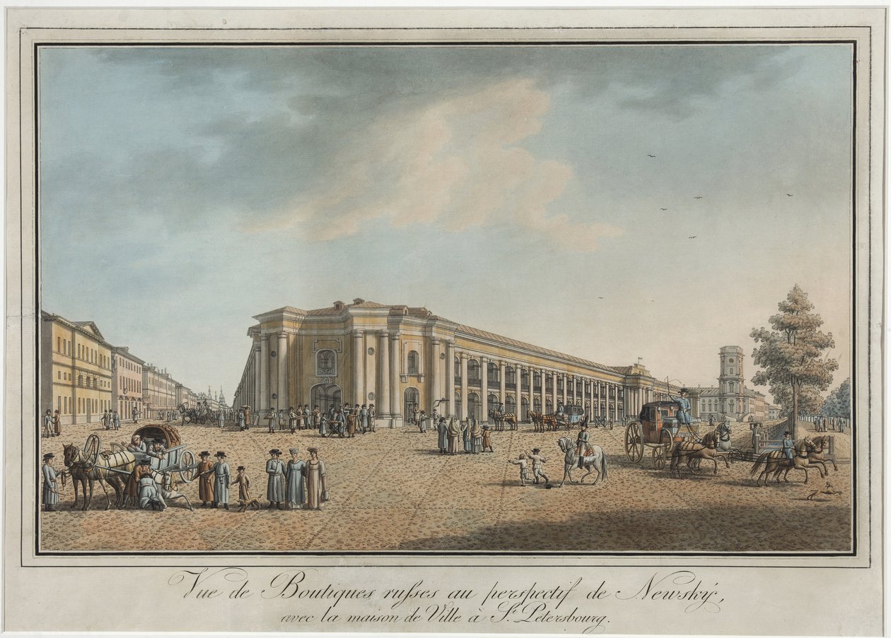 Newski Prospekt (perspektywa Nevski) w pobliżu Wielkiego Gostiny Dvor i Dumy Miejskiej w Petersburgu - Benjamin Paterssen (1748-1815). Akwaforta, akwarela, po 1802. Państwowe Muzeum Historii Sankt Petersburga autorstwa Benjamin Patersson