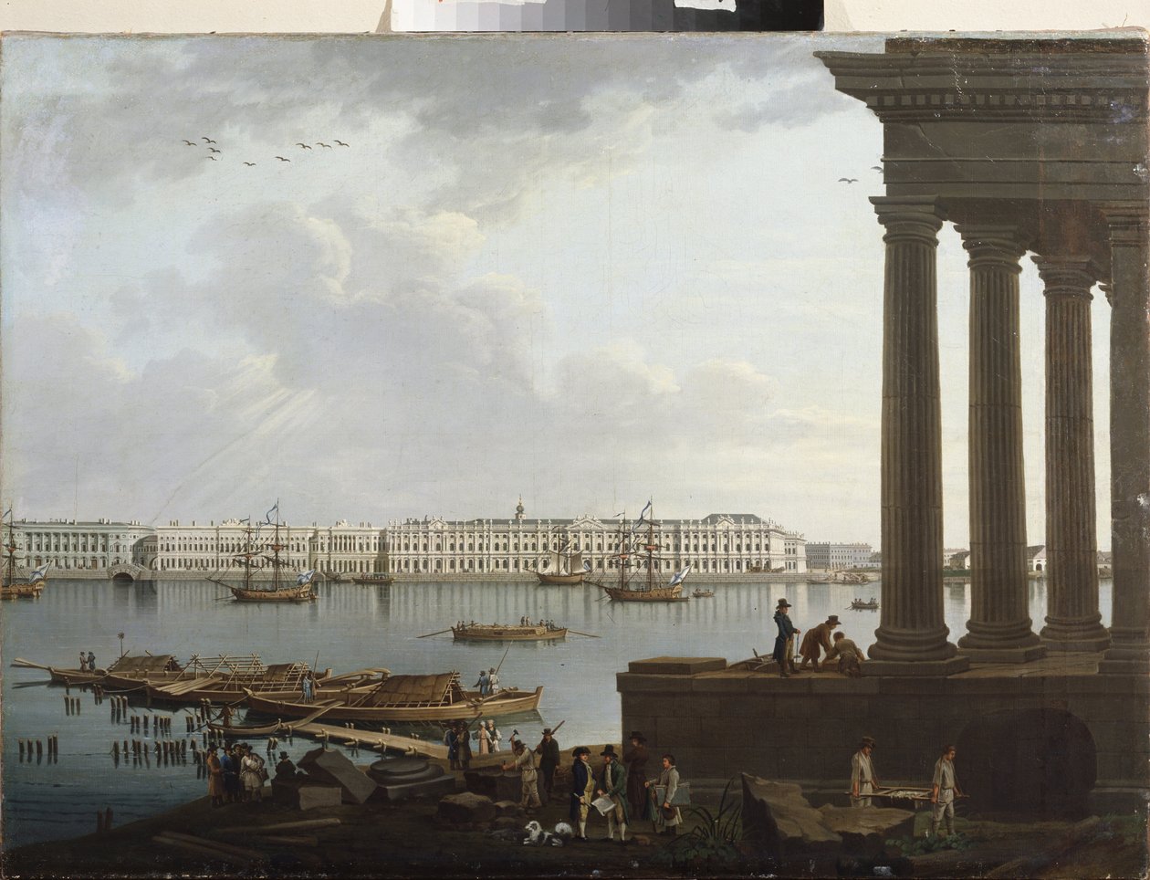 Widok na Pałac Zimowy i Giełdę Papierów Wartościowych w Sankt Petersburgu. Obraz Benjamina Patersena (1748-1815), olej na płótnie autorstwa Benjamin Patersson