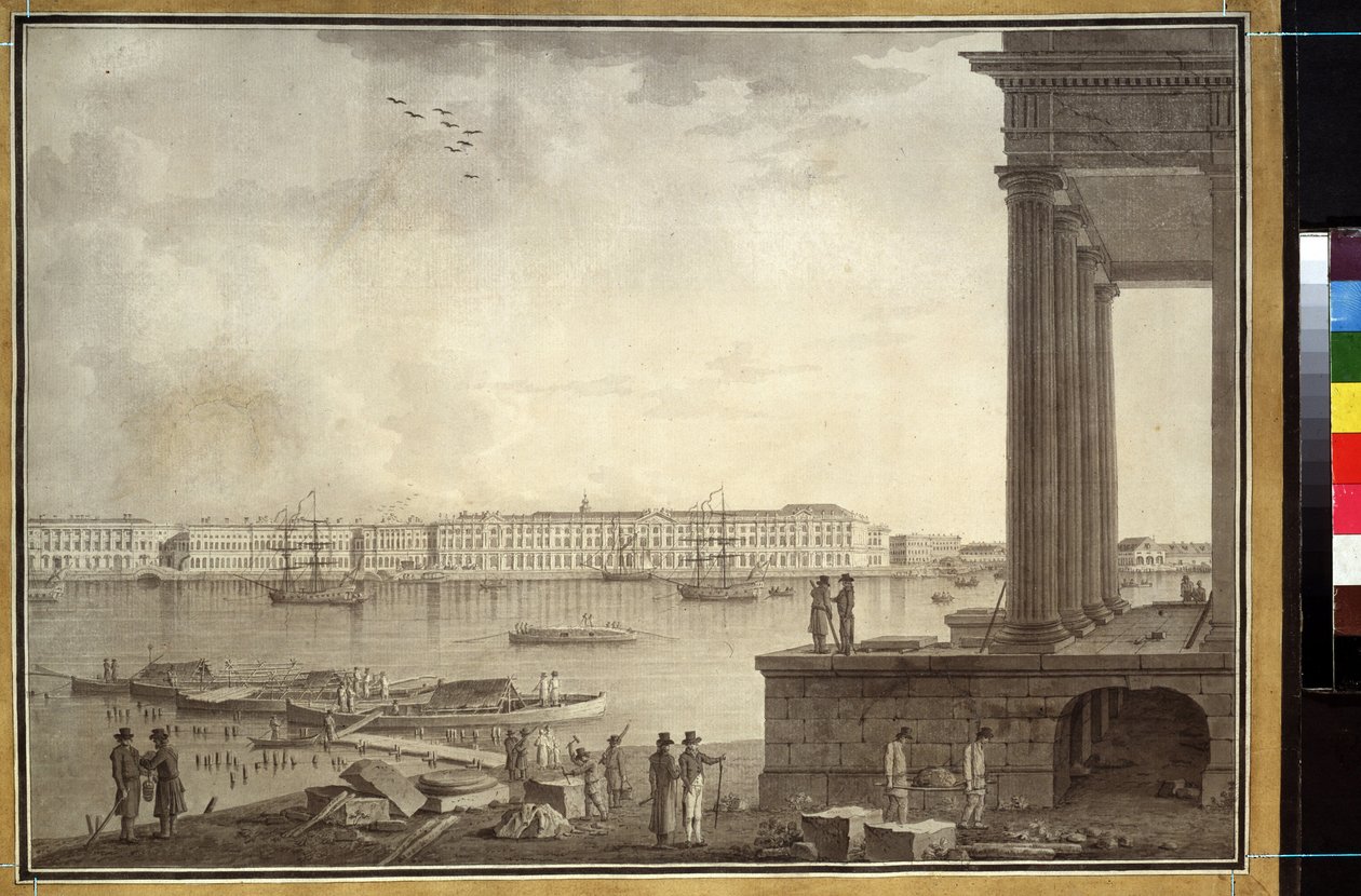 Widok na Pałac Zimowy i Giełdę Papierów Wartościowych w Sankt Petersburgu. Praca Benjamina Patersena (1748-1815), ołówek i tusz na papierze, ok. 1790. Sztuka szwedzka autorstwa Benjamin Patersson