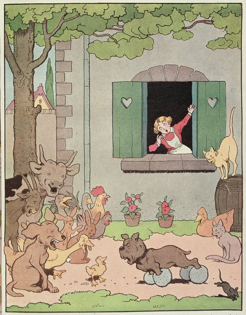 Zwierzęta gospodarskie cieszą się z zakłopotania Grognarda, ilustracja do „Placide et Gedeon” 1926 (kolor lito) autorstwa Benjamin Rabier
