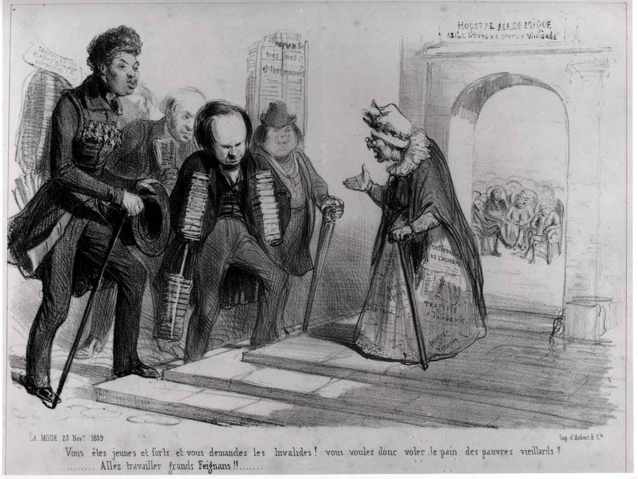 Dumas, Hugo et Balzac ubiegający się o przyjęcie do Akademii Francuskiej, ilustracja z „La Mode”, 23 listopada 1839 (rycina) (fot. bw) autorstwa Benjamin Roubaud