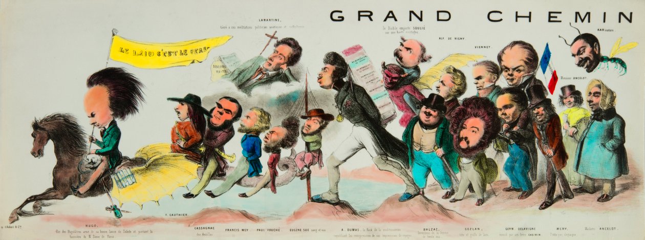 Wielka jazda po posterycie. (Monte na romantycznej Pegazie, Victor Hugo (1802-1885), król Hugolatrów, broń swego dobrego miecza Toledo i noszący sztandar Notre-Dame de Paris, wziął Teofila Gautiera (1811-1872), Bernarda Adolphe Granier autorstwa Benjamin Roubaud