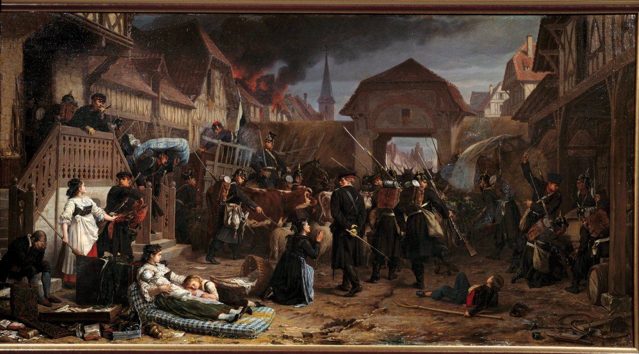 Wojna 1870 r.: „”Rekwizycje pod Reichshoffen”” Bitwa pod Froeschwiller Woerth (Froeschwiller-Woerth) (lub bitwa pod Reichshoffen) w dniu 06.08.1870 r. przyniosła zwycięstwo Prus - Obraz Benjamina Ullmanna (1829-1884) 1871 Nancy, Musée historique Lorrai autorstwa Benjamin Ullmann