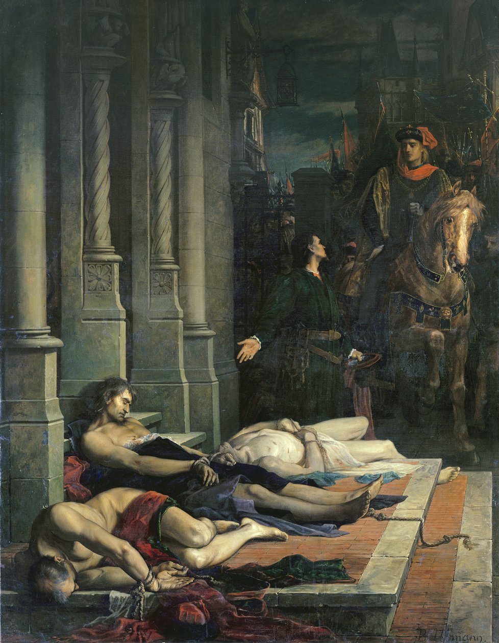 Ciało Etienne Marcela (ok. 1316-58) zostaje pokazane Delfinowi Karolowi (1338-80) z Francji, przyszłemu Karolowi V, 2 sierpnia 1358 (olej na płótnie) autorstwa Benjamin Ulmann