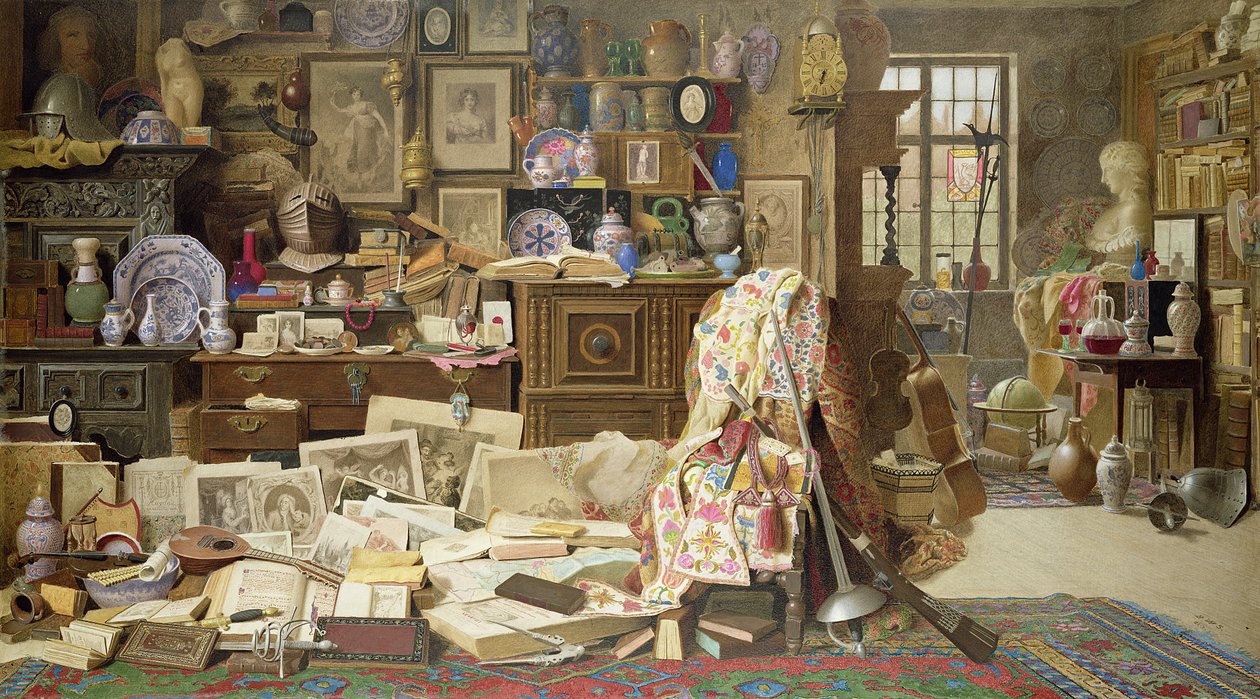 Zbroje, grafiki, obrazy, rury, Chiny (wszystkie pęknięte) Stare rozklekotane stoły i krzesła Złamane oparcia, 1882 (wc z kolorem ciała na papierze) autorstwa Benjamin Walter Spiers
