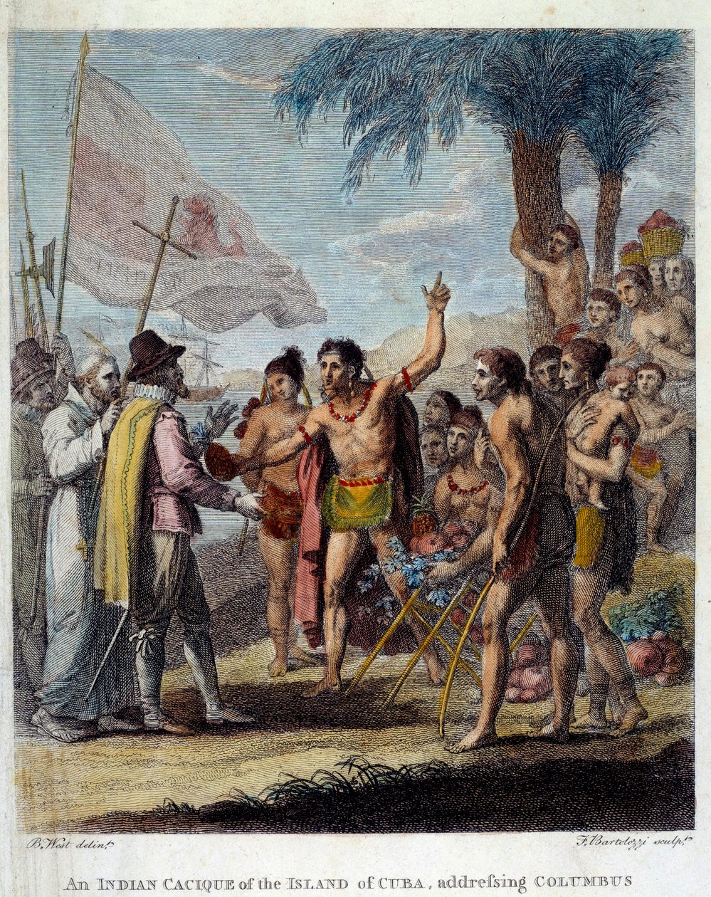 Indyjski kacyk z wyspy Kuba wita Krzysztofa Kolumba (1451-1506) oraz europejskich przedstawicieli wojskowych i duchownych, aby dyskutować o stworzeniu nowego państwa. Frontyspicjum „Historii cywilnej i handlowej brytyjskich kolonii W autorstwa Benjamin West