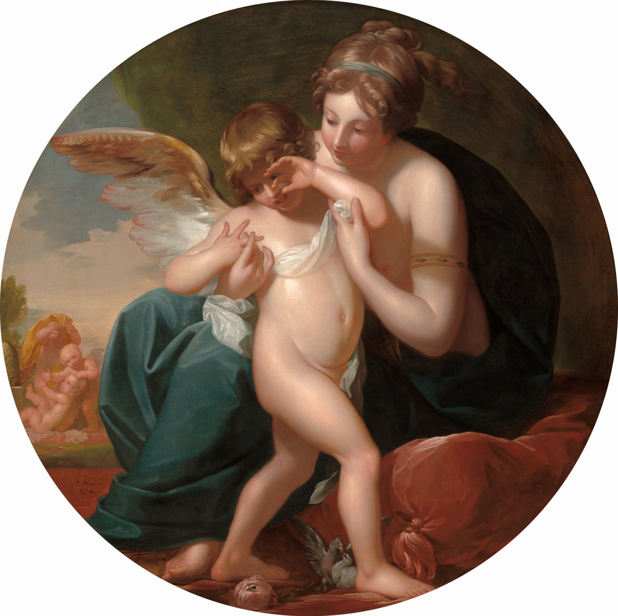 Kupidyn, ukąszony przez pszczołę, jest pielęgnowany przez matkę, 1774. autorstwa Benjamin West
