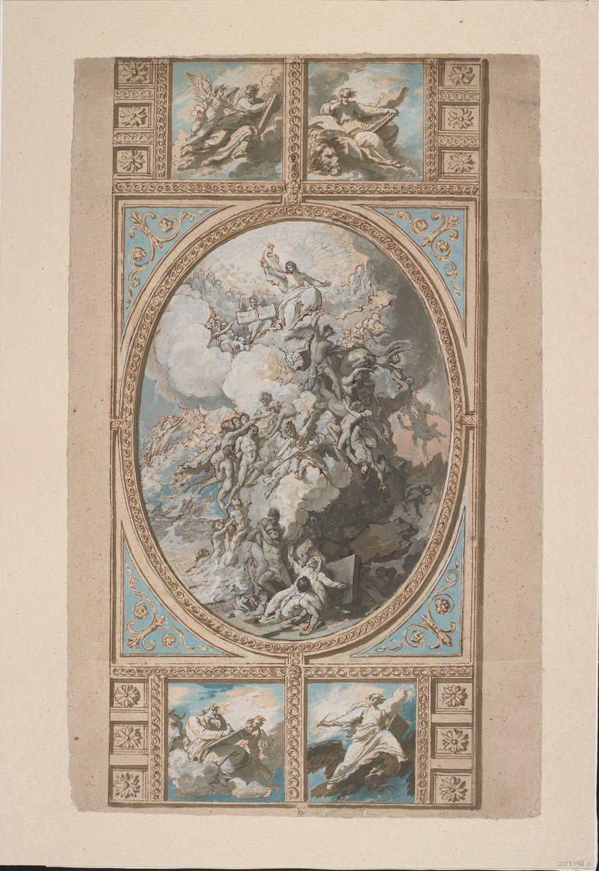 Projekt dekoracji sufitu w Kaplicy Królewskiej, Zamek Windsor (recto), ok. 1779 (czarna kreda, długopis i brązowy tusz i akwarela, wzmocniony akcentami w kolorze białym, szaro-niebieskim i brązowym lakierem autorstwa Benjamin West