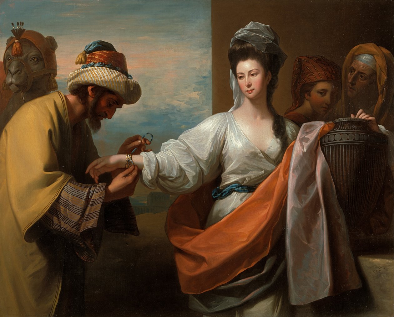 Sługa Izaaka zawiązujący bransoletkę na ręce Rebeki autorstwa Benjamin West