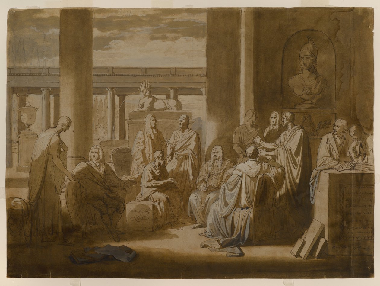 Know Thy Self, 1768 (farba do płukania żelazem galasowym, impasto olejne i pranie na papierze w kolorze kości słoniowej) autorstwa Benjamin West