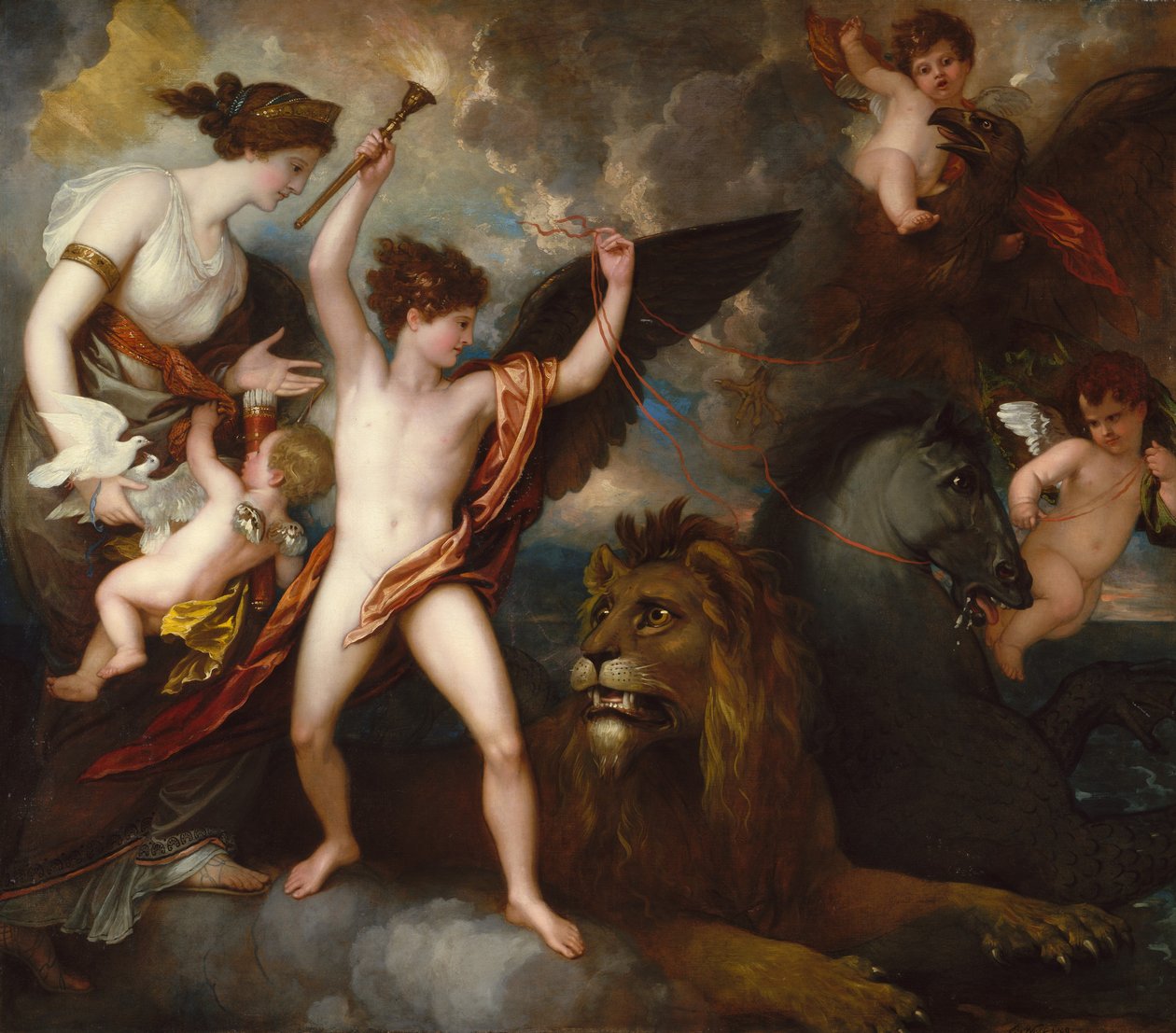 Omnia Vincit Amor, czyli siła miłości w trzech żywiołach, 1809. autorstwa Benjamin West