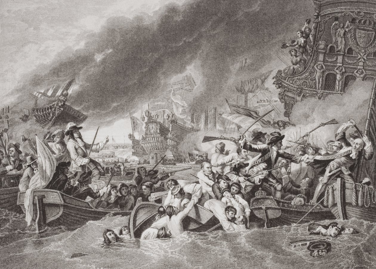 Bitwa pod La Hogue, zniszczenie floty francuskiej, 22 maja 1692, z „Ilustracji historii angielskiej i szkockiej” Tom II autorstwa Benjamin West