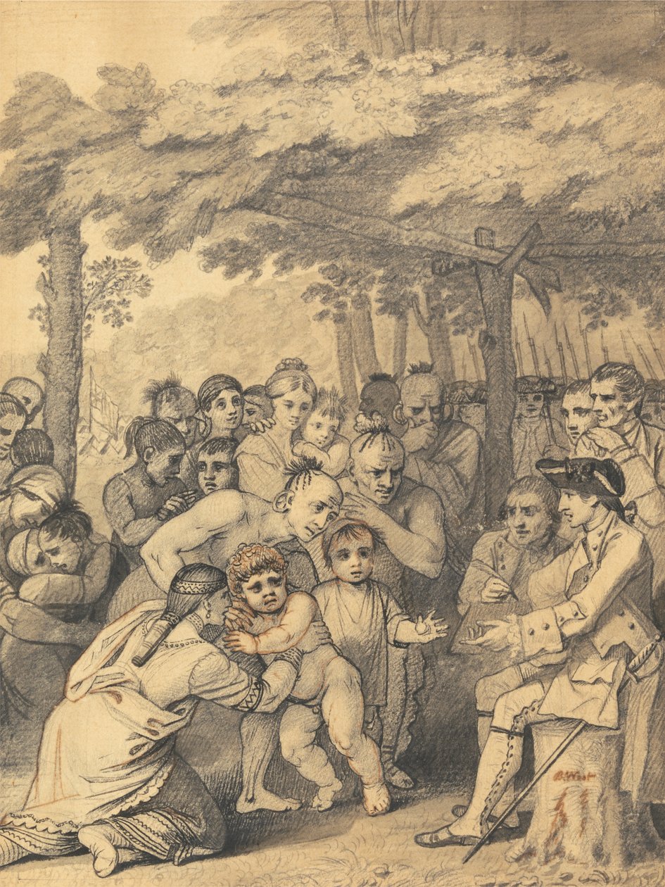 Indianie dostarczający jeńców angielskich pułkownikowi Bouquetowi w pobliżu jego obozu u ludu Muskingum w Ameryce Północnej w listopadzie 1764, 1765 autorstwa Benjamin West