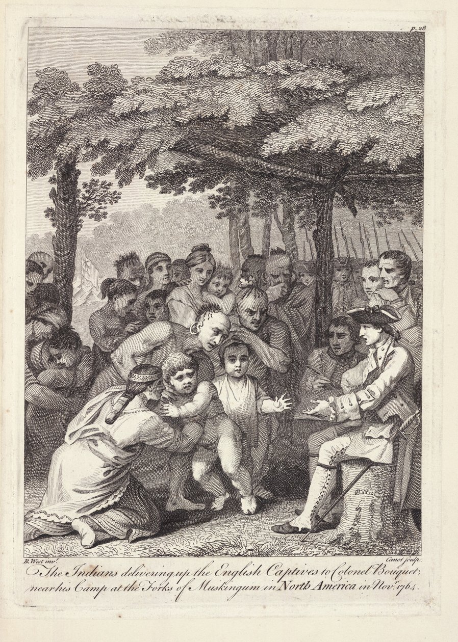 Indianie dostarczający angielskich jeńców pułkownikowi Bouquetowi w pobliżu jego obozu w Forks of Muskingham w Ameryce Północnej w listopadzie 1764 roku autorstwa Benjamin West