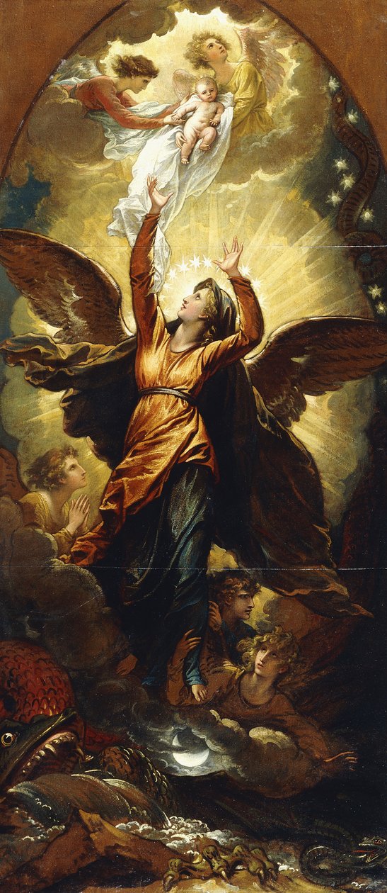 „Kobieta odziana w słońce ucieka przed prześladowaniami smoka”, autorstwa Benjamin West