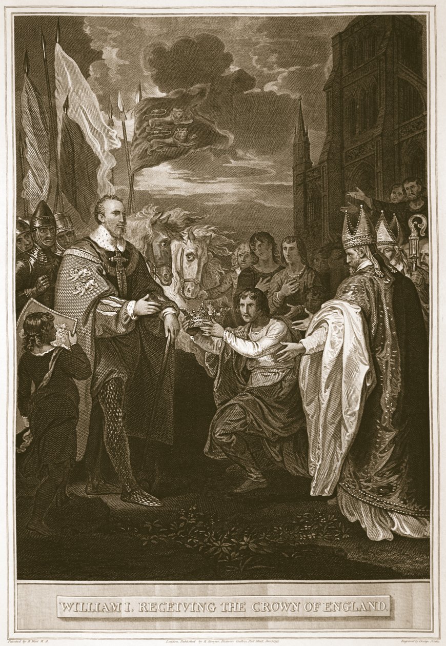 Wilhelm I odbierający koronę Anglii, rytowany przez George