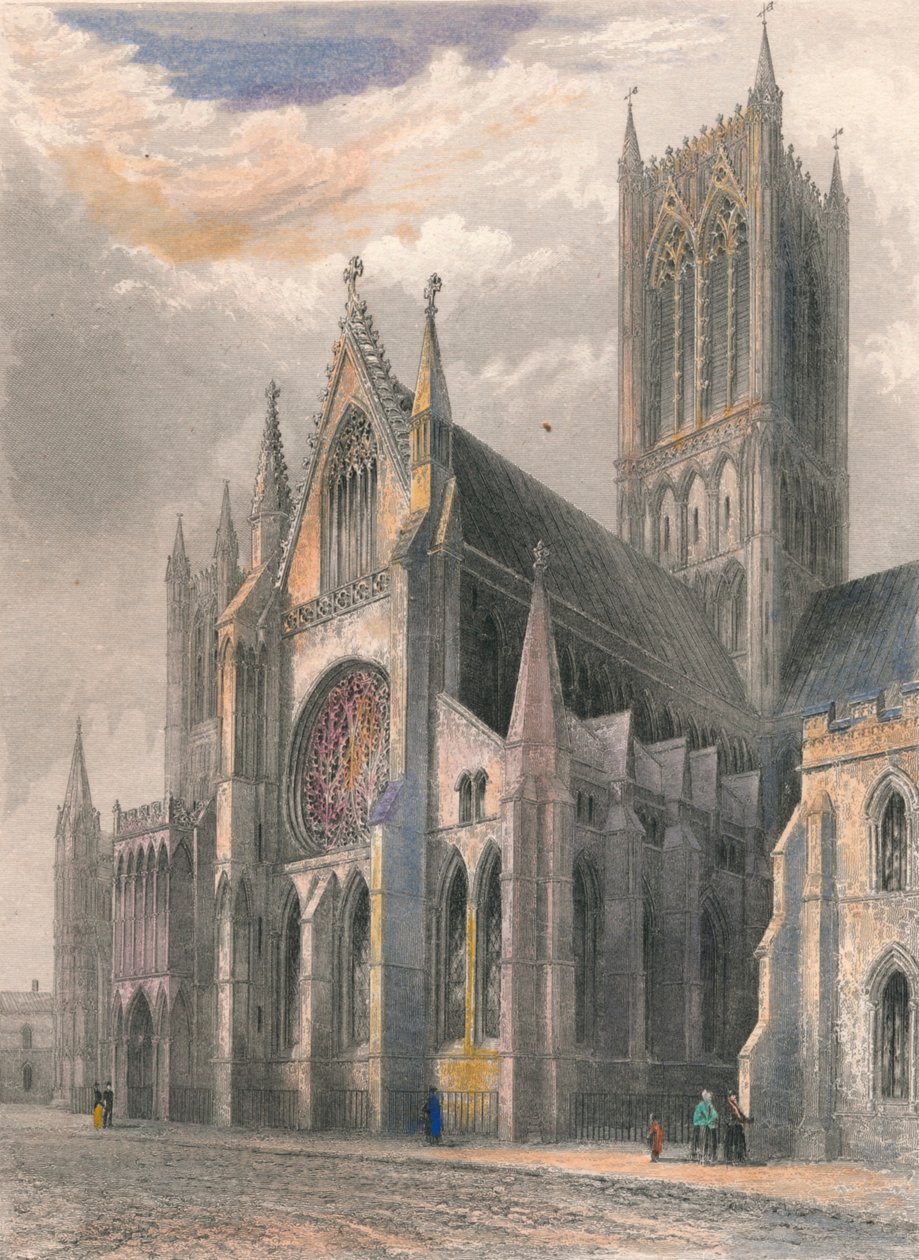 Katedra w Lincoln — widok transeptu południowego i wieży centralnej, 1836 r. autorstwa Benjamin Winkles