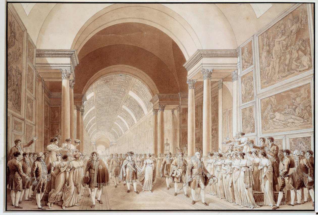 Widok orszaku weselnego Napoleona I (1769-1821) z arcyksiężną Marią Ludwiką Habsburg-Lorraine (1791-1847), 2.04.1810 w Grande Galerie du Louvre Prints by Benjamin Zix (1772-1811) 1810 wym. 0,4x0,6 m Paryż, muzeum Luwru autorstwa Benjamin Zix
