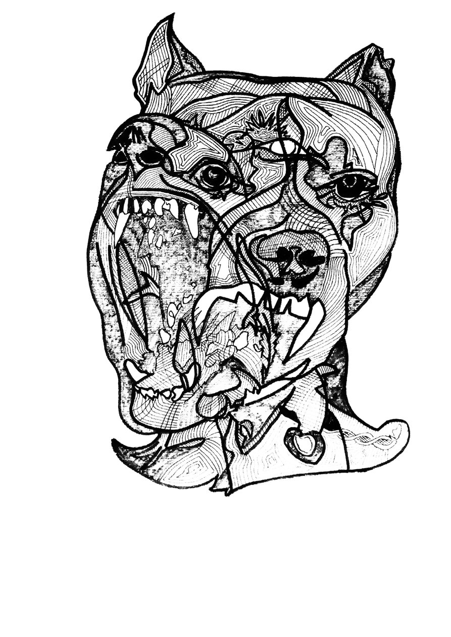 Podwójny rottweiler, 2019 (tusz na papierze) autorstwa Benoit Erwann Boucherot