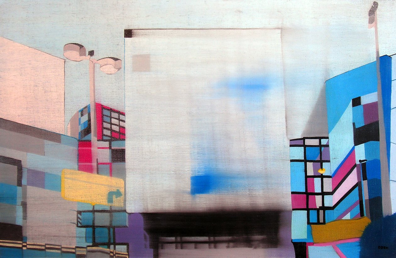 Downtown L.A. przez okno samochodu, 2003 (olej na 2 zestawionych płótnach) autorstwa Benoit Erwann Boucherot
