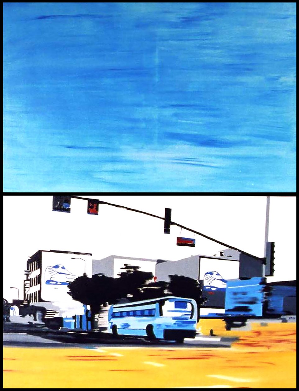 Niebieski autobus nas woła, 2003 (olej na 2 zestawionych płótnach) autorstwa Benoit Erwann Boucherot