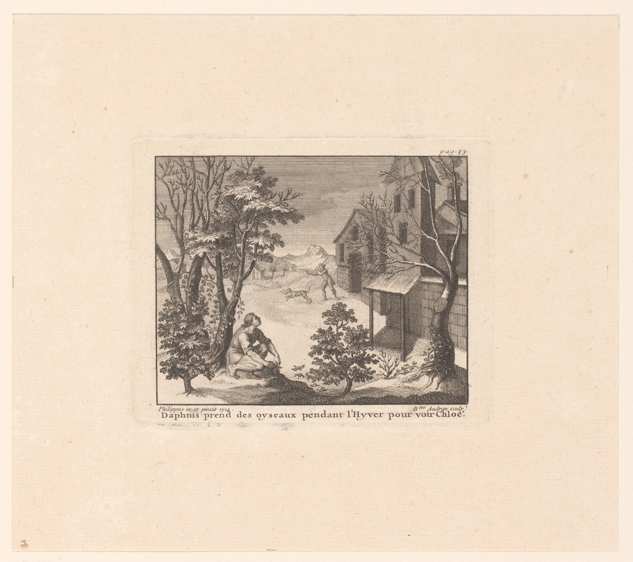 Daphnis op vogeljacht in de winter Daphnis zabiera ptaki zimą, aby zobaczyć Chloe (tytuł na obiekcie) autorstwa Benoît Audran (I)