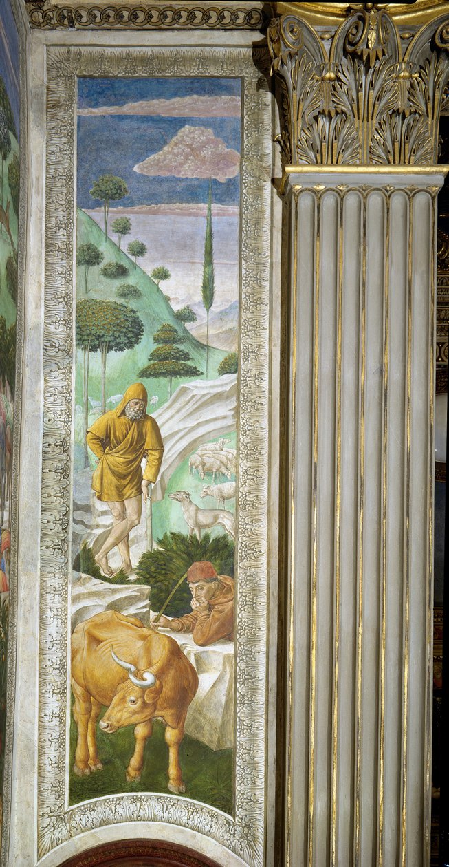 Pasterz i pasterz, tablica wzdłuż lewej ściany cyklu Podróż Trzech Króli w kaplicy, ok. 1460 autorstwa Benozzo di Lese di Sandro Gozzoli