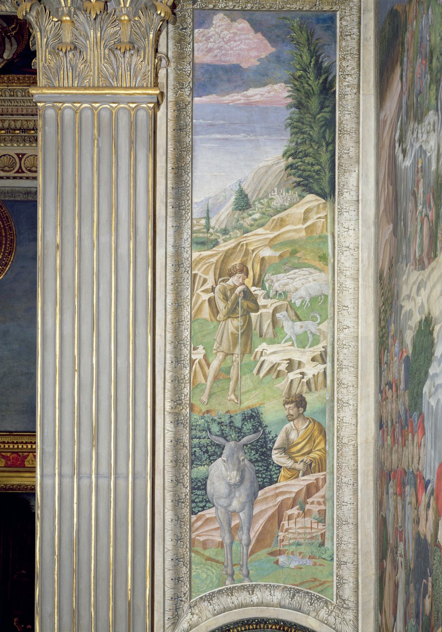Pasterz i jego stado, panel wzdłuż prawej ściany cyklu Podróż Trzech Króli w kaplicy, ok. 1460 autorstwa Benozzo di Lese di Sandro Gozzoli