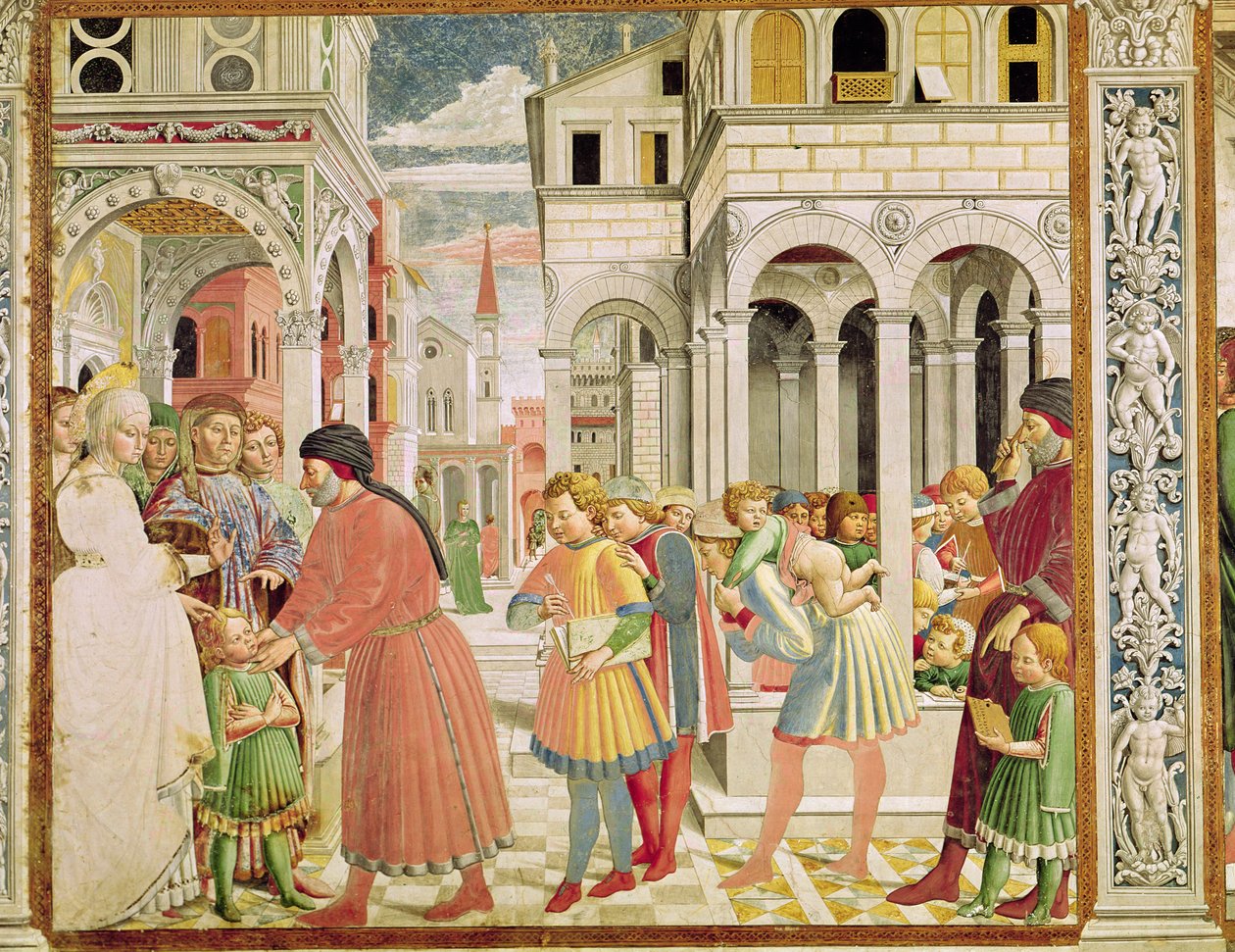 Św. Augustyn prowadzony jest przez rodziców w Szkole Tagasty, z Żywotu Św. Augustyna, 1464-65 autorstwa Benozzo di Lese di Sandro Gozzoli