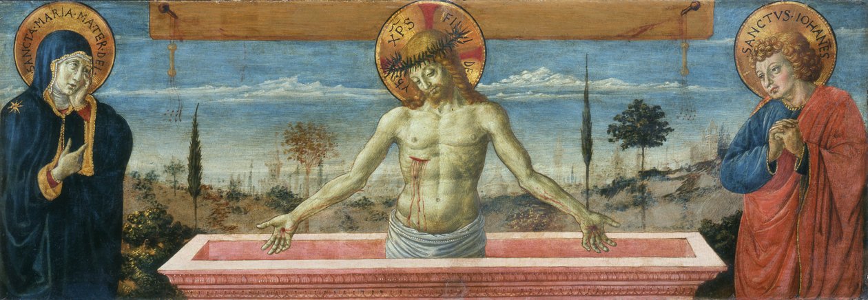 Gozzoli - Chrystus Boleściwy między Matką Boską a św. Janem Ewangelistą, ok. 1450 r. autorstwa Benozzo Gozzoli