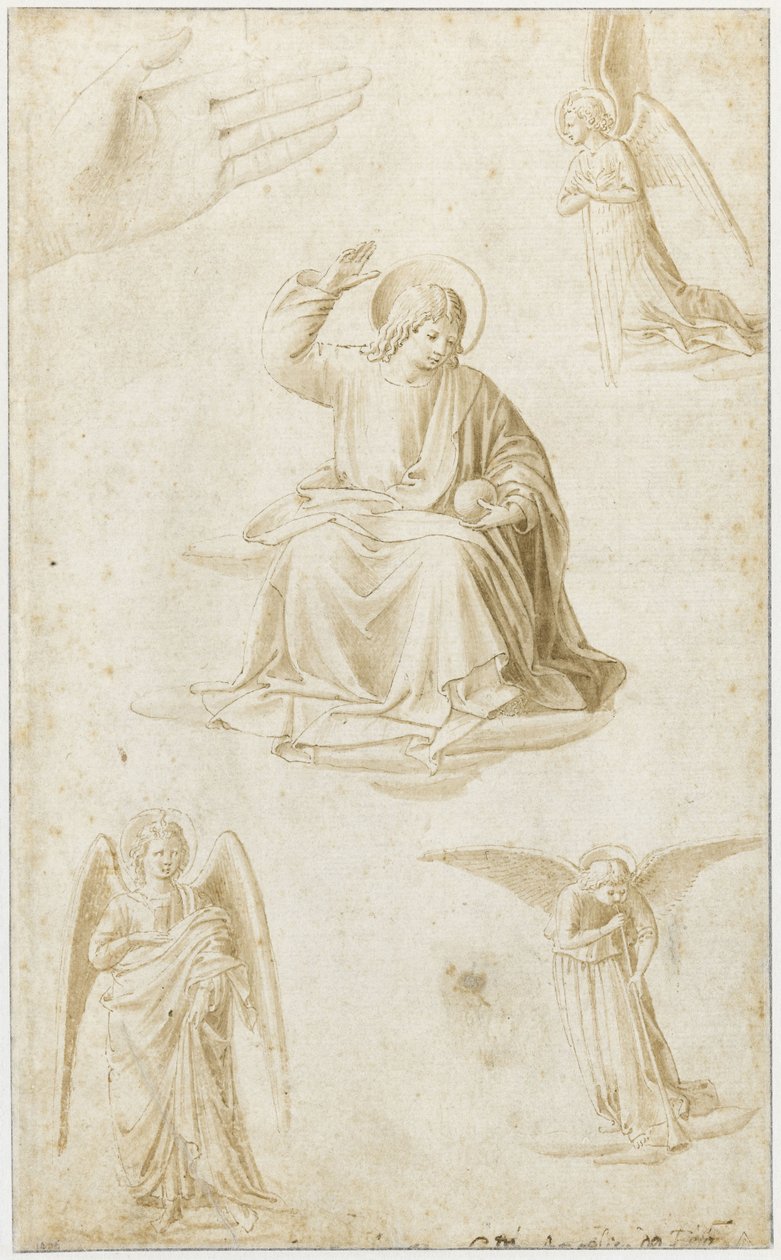 Studia ręki, trzech aniołów i Chrystusa jako Salvator Mundi, druga połowa XV w. autorstwa Benozzo Gozzoli