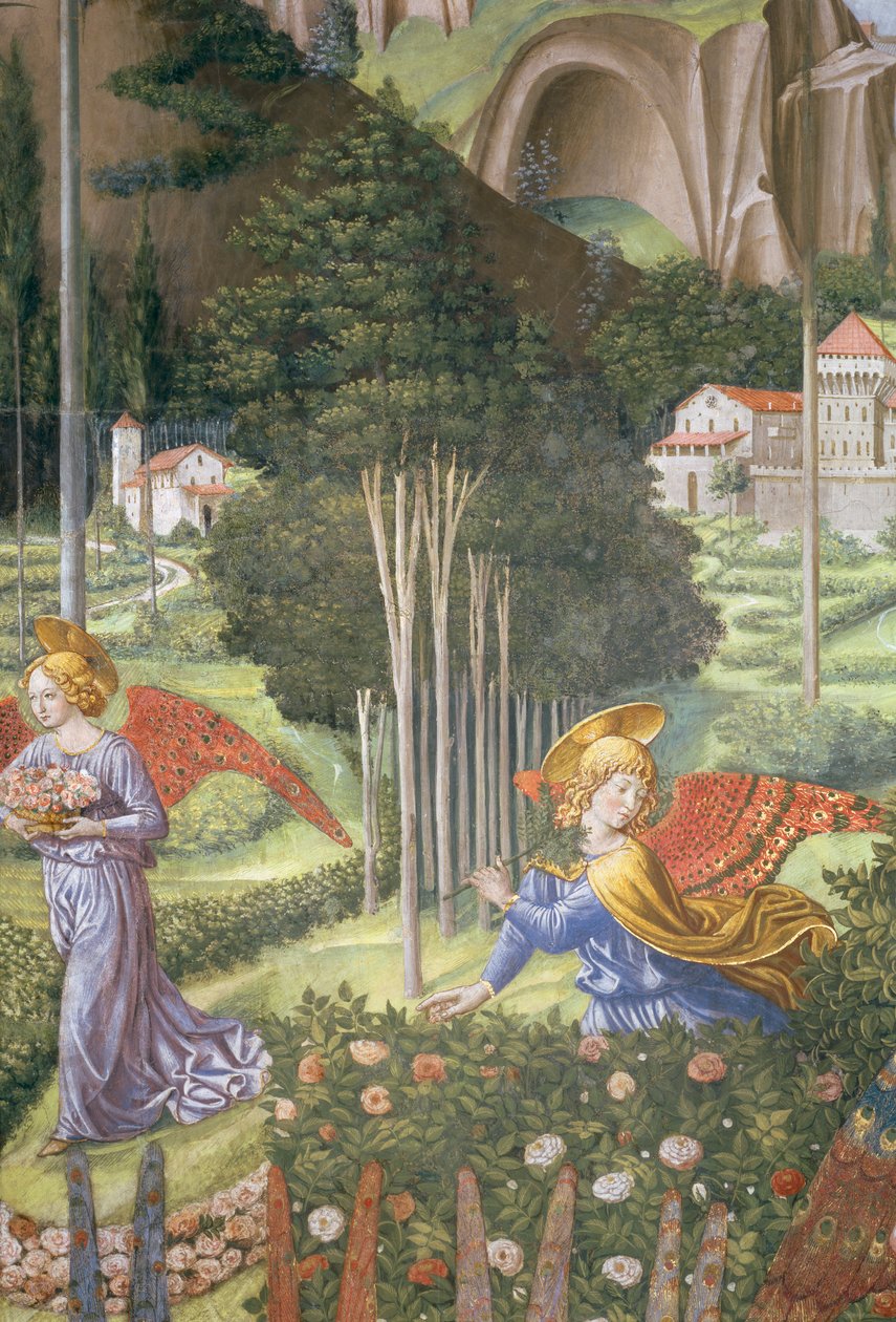 Anioł zbierający kwiaty w niebiańskim krajobrazie, fragment z cyklu Podróż Trzech Króli w kaplicy, ok. 1460, fragment fresku z 70615 autorstwa Benozzo di Lese di Sandro Gozzoli