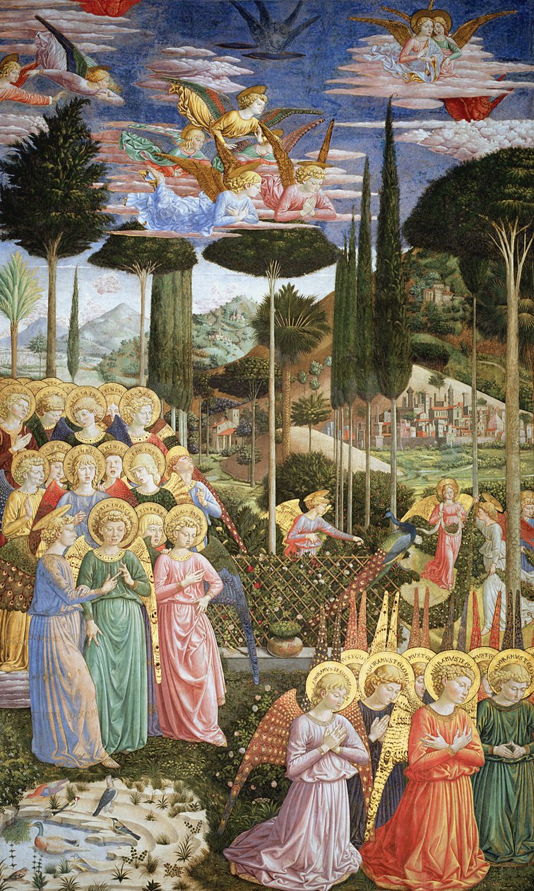 Anioły w niebiańskim krajobrazie, lewa ściana absydy, z cyklu Podróż Trzech Króli w kaplicy ok. 1460 r. (szczegóły zob. 83051) autorstwa Benozzo di Lese di Sandro Gozzoli