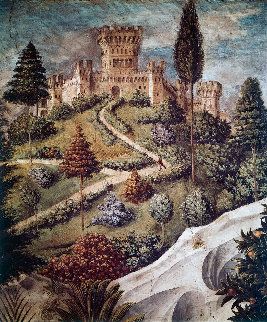 Zamek, fragment krajobrazu z Procesji Trzech Króli autorstwa Benozzo di Lese di Sandro Gozzoli