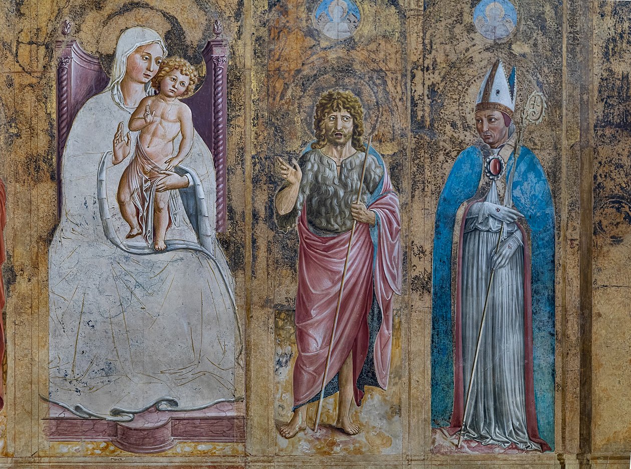 Fragment fałszywego poliptyku z Matką Boską z Dzieciątkiem, św. Antonim Padewskim, św. Janem i św. Ludwikiem Tuluzy, kaplica św. Hieronima autorstwa Benozzo di Lese di Sandro Gozzoli