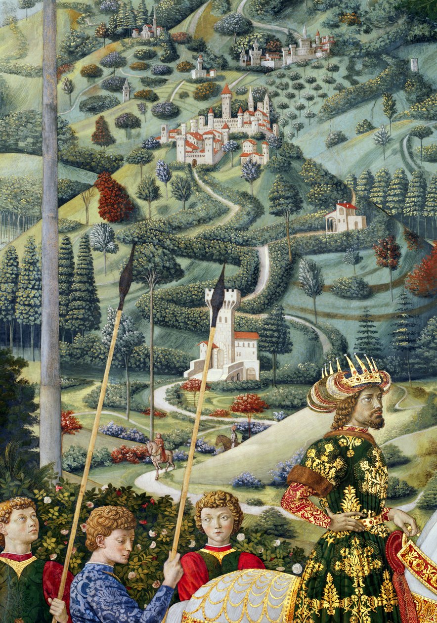 Fantastyczny pejzaż, fragment z cyklu Podróż Trzech Króli w kaplicy, ok.1460 autorstwa Benozzo di Lese di Sandro Gozzoli