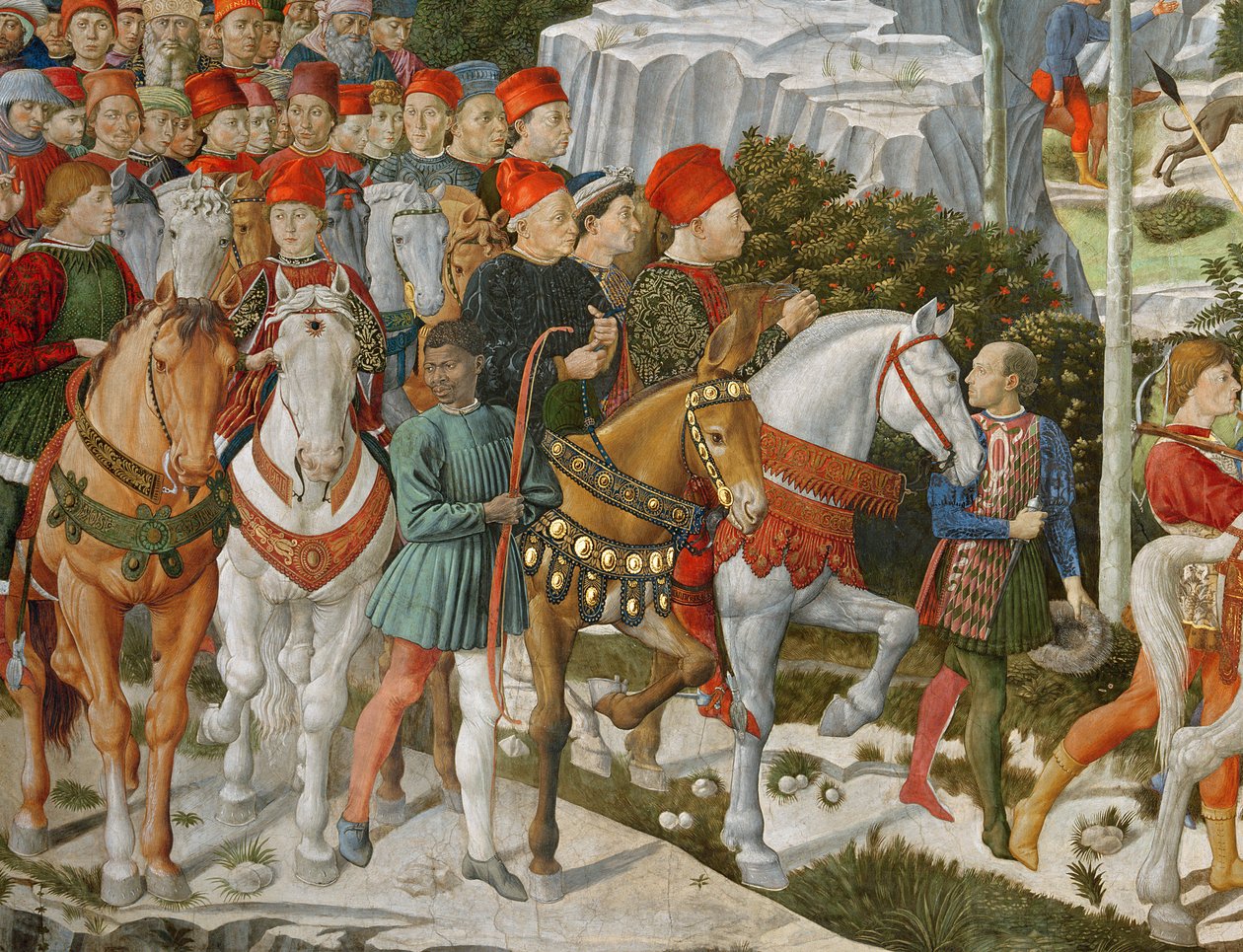 Galeazzo Maria Sforza, książę Mediolanu (1444-76), skrajny lewy, na brązowym koniu i Sigismondo Pandolfo Malatesta, władca Rimini (1417-68) obok niego na siwym koniu, fragment z Podróży M autorstwa Benozzo di Lese di Sandro Gozzoli