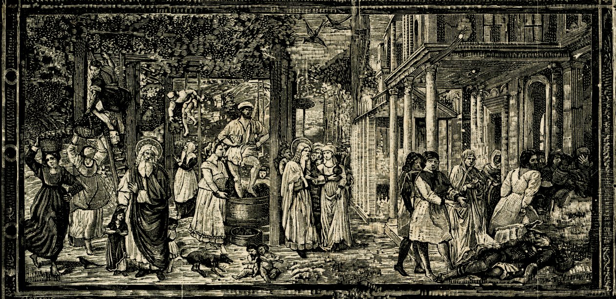Winogron i pijaństwo Noego, fresk Benozzo Gozzoli (ok. 1421-1497), Camposanto Monumentale (Cmentarz Monumentalny), Piza, Toskania, Włochy, drzeworyt z Le cento città d