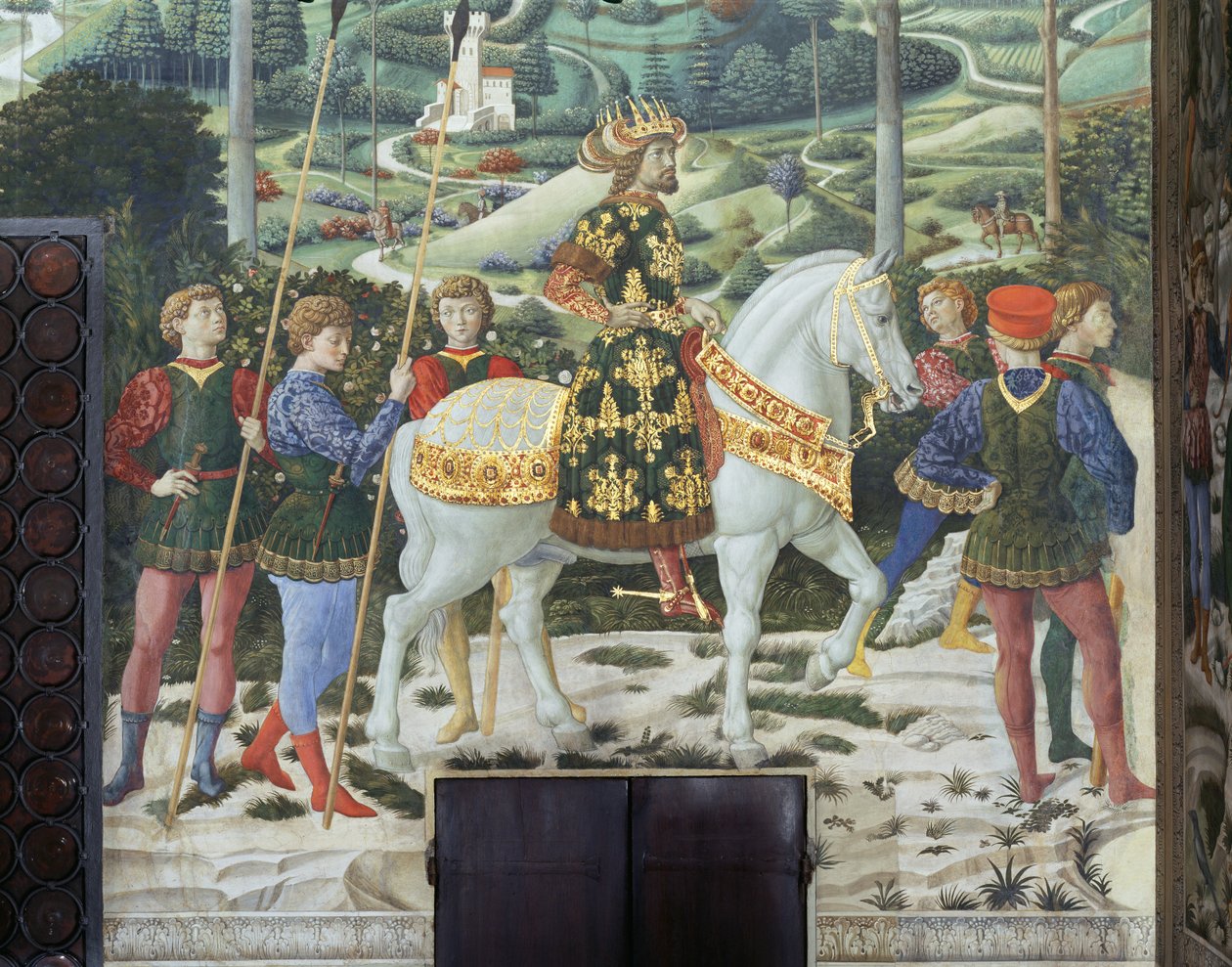 Jan VII Paleolog (1391-1448), cesarz wschodniorzymski, jako Baltazar, jeden z Trzech Króli, detal z cyklu Podróż Trzech Króli w kaplicy, ok. 1460 r. (fresk) autorstwa Benozzo di Lese di Sandro Gozzoli