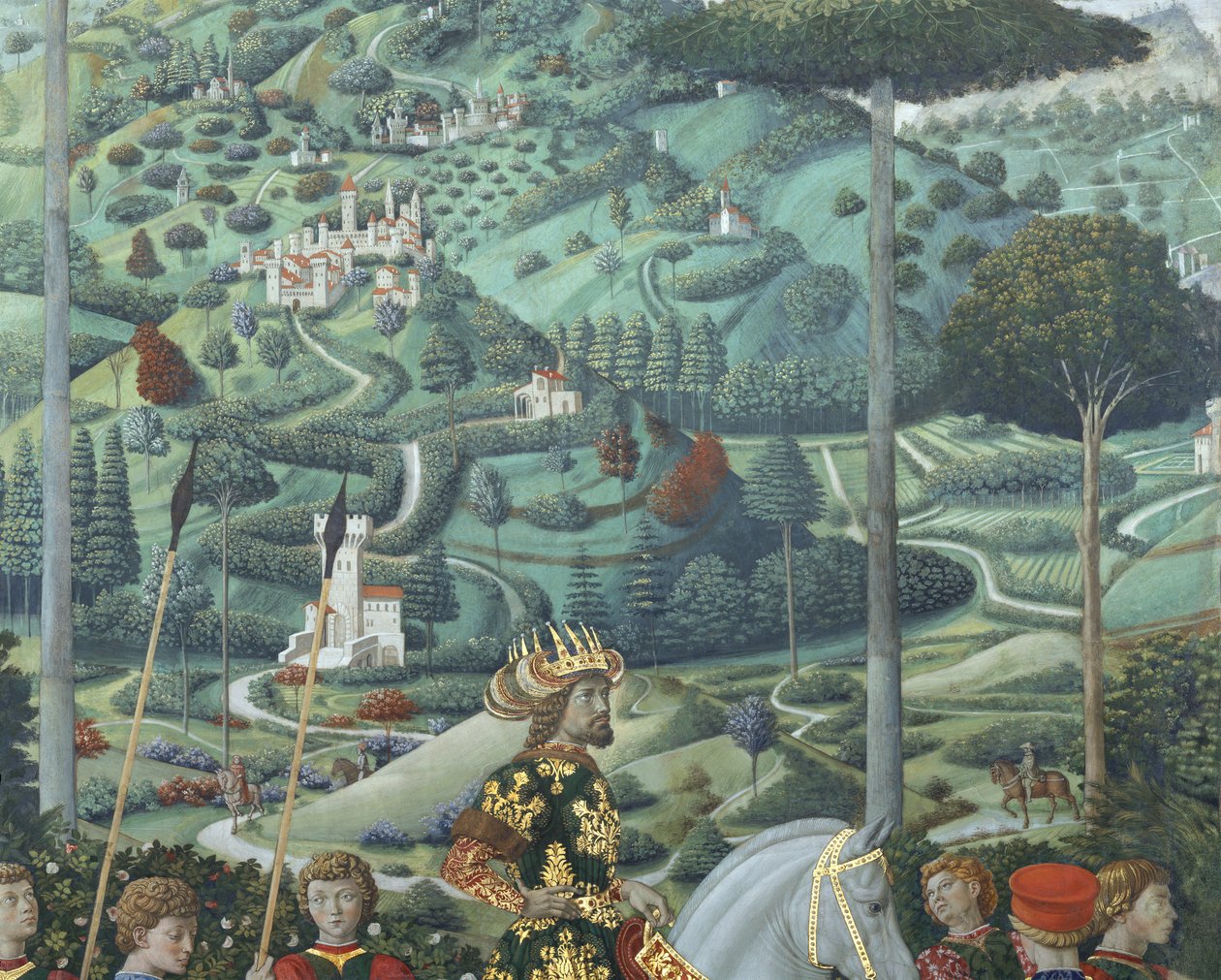 Jan VII Paleolog (1391-1448), cesarz wschodniorzymski, jako Baltazar, jeden z Trzech Króli, detal z cyklu Podróż Trzech Króli w kaplicy, ok. 1460 r. (fresk) autorstwa Benozzo di Lese di Sandro Gozzoli