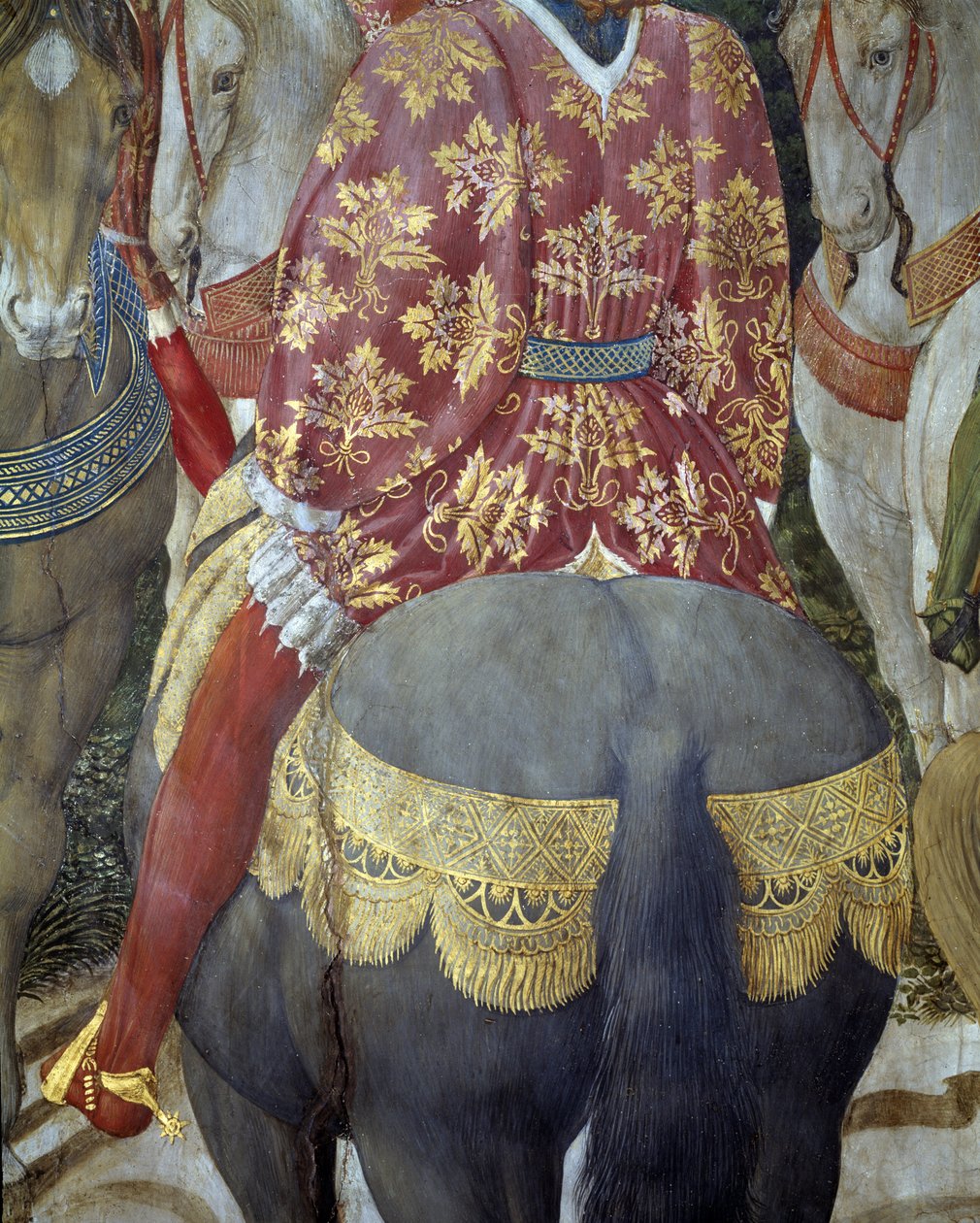 Rycerz na koniu w okazałym przyciąganiu, szczegół z Adoracji Trzech Króli (Fresco autorstwa Benozzo di Lese di Sandro Gozzoli