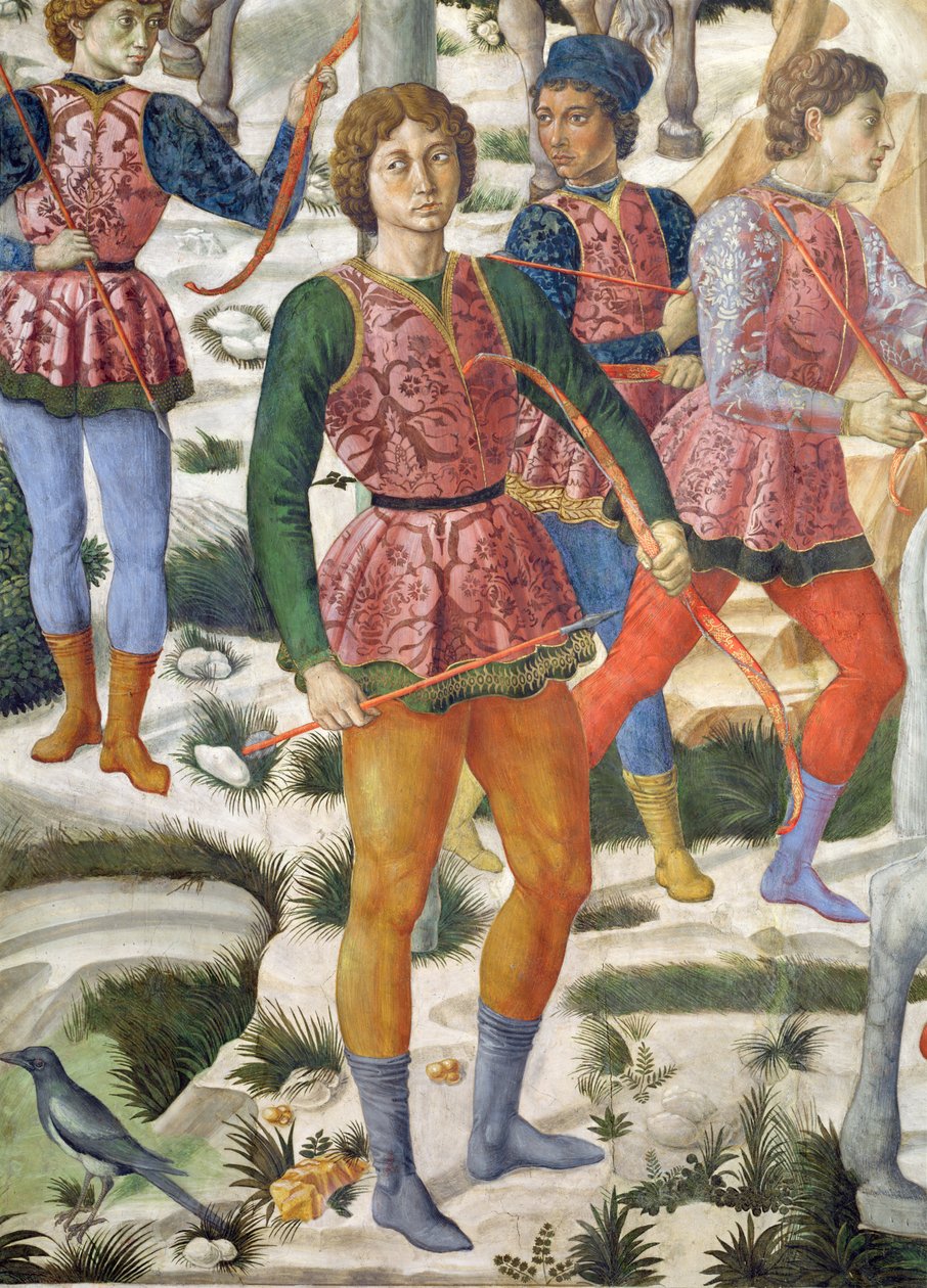 Łucznicy w barwach, fragment z cyklu Podróż Trzech Króli w kaplicy, ok. 1460, fragment fresku z 70630 autorstwa Benozzo di Lese di Sandro Gozzoli