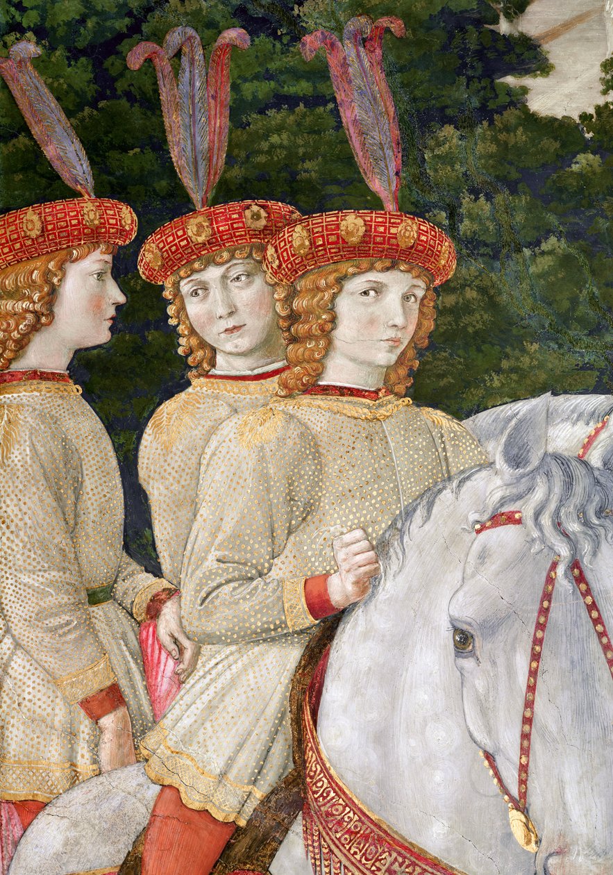 Maria (ur. 1460), Bianca (1461-88) i Nannina (1463-93) Medici, młodsze siostry Lorenzo (1449-92) i Giuliano (1453-78), fragment z cyklu Podróż Trzech Króli w kaplicy , ok. 1460 (de autorstwa Benozzo di Lese di Sandro Gozzoli