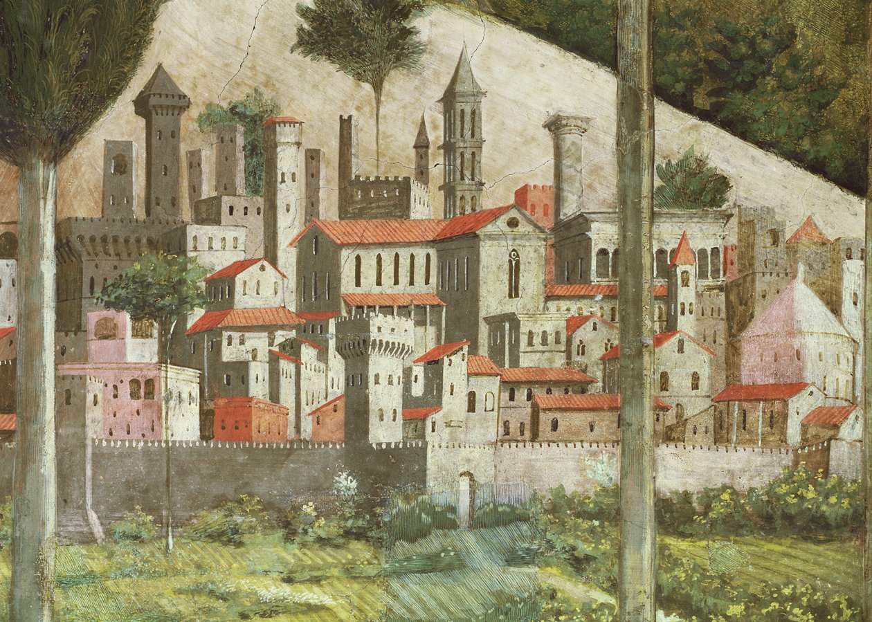 Średniowieczne miasto, fragment z cyklu Podróż Trzech Króli w kaplicy, ok. 1460, fragment fresku z 70610 autorstwa Benozzo di Lese di Sandro Gozzoli