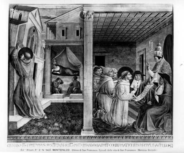 Papież Innocenty III zatwierdza Regułę (fresk) (zdjęcie czarno-białe) autorstwa Benozzo di Lese di Sandro Gozzoli