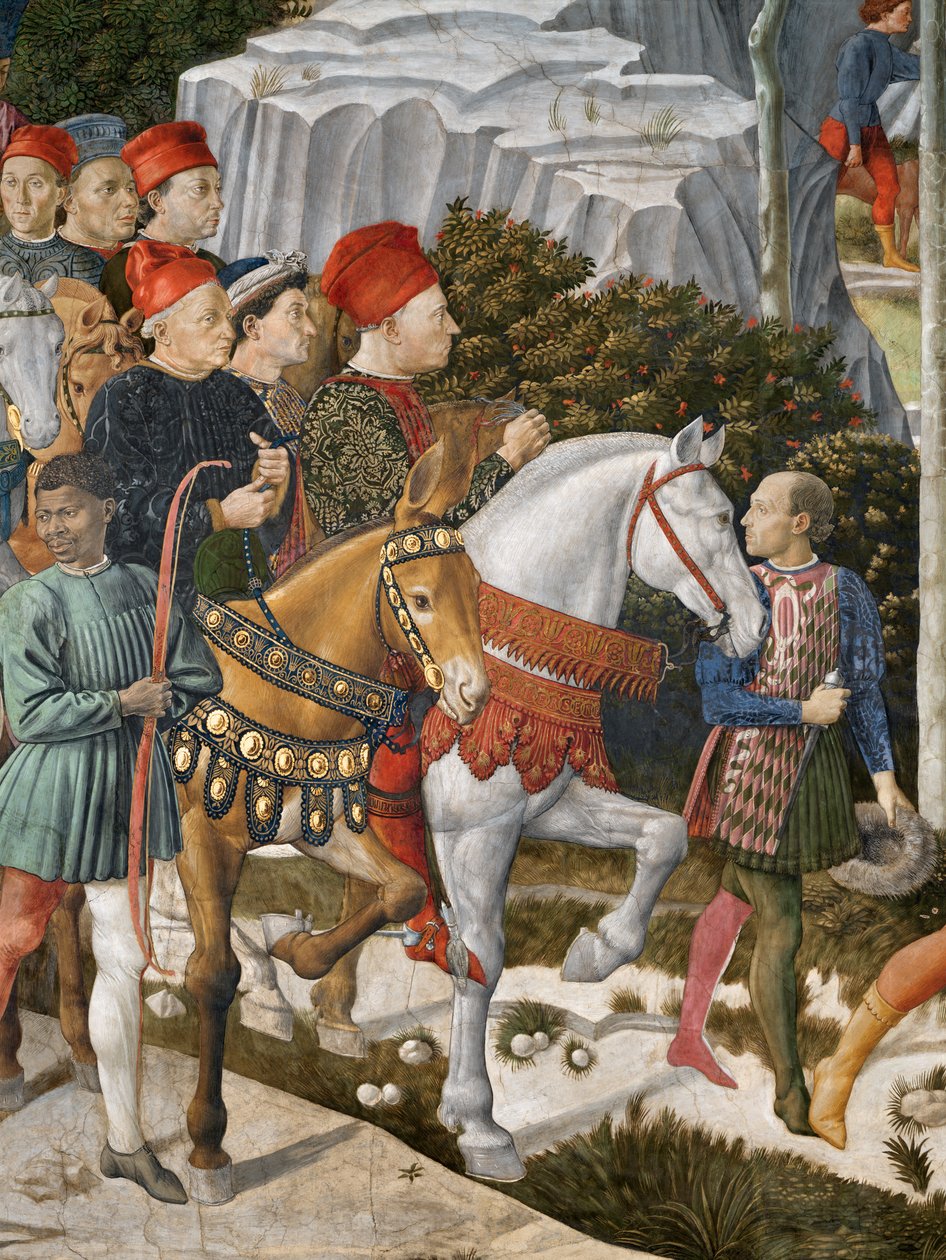 Portrety Piero de Medici na mule, centrum Cosimo de Medici i księcia Salviati na koniu, fragment z cyklu Podróż Trzech Króli w kaplicy, fragment fresku ok. 1460 z 70619 autorstwa Benozzo di Lese di Sandro Gozzoli