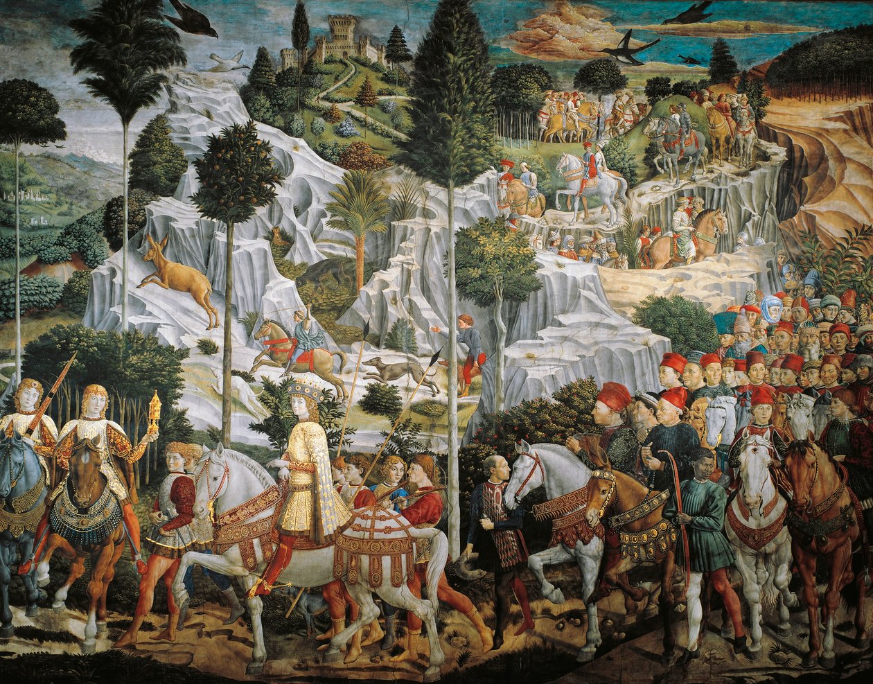 Procesja Trzech Króli do Betlejem, Benozzo Gozzoli (1420-1497), fresk, tempera i olej na ścianie, kaplica Palazzo Medici Riccardi, Florencja autorstwa Benozzo di Lese di Sandro Gozzoli